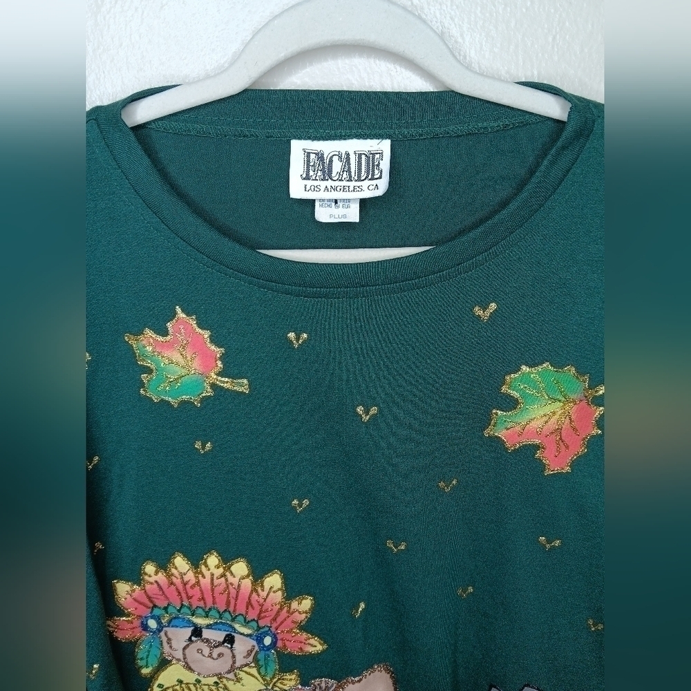 VTG 80s Thanksgiving Women's Plus OS Shirt Green Shoulder Pads Facade USA NWOT - Picture 2 of 9